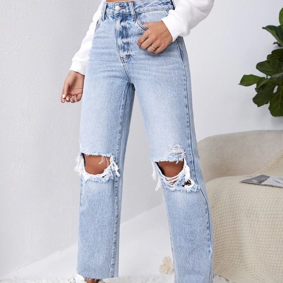 Blue Casual Womens Ripped Raw Cut Straight Leg Jeans - Picture 5 of 5